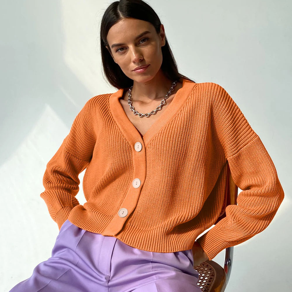 Drune | Strickjacke Lockere Passform Rippstrick V-Ausschnitt Knöpfe Hochgerollte Ärmel
