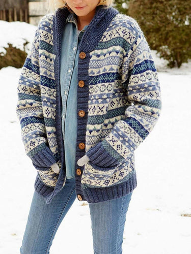 Drune | Strickjacke Wollstrick Lässige Passform Schalkragen Fair Isle Muster Druckknopf Vorne
