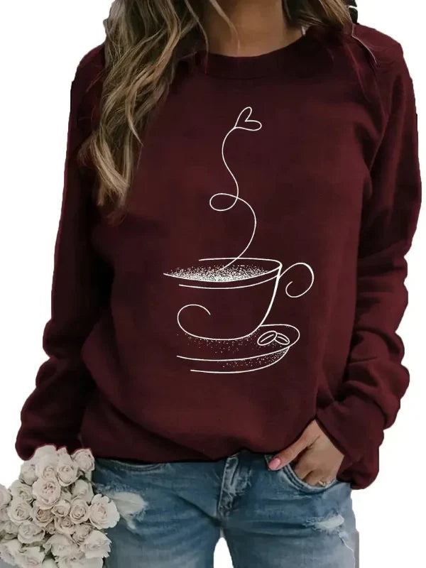 Drune | Sweatshirt - Relaxed Fit - Baumwollmix - Rundhalsausschnitt - Kaffeetassen-Grafikdruck