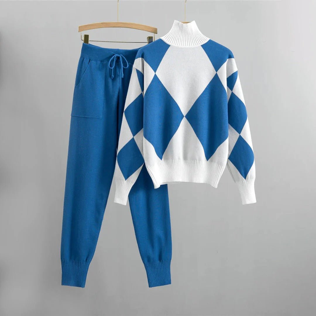 Drune | Gemütlicher Anzug Gestricktes Set Lockere Passform Argyle Muster Gerippte Kanten