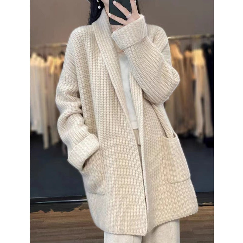 Drune | Strickjacke Übergröße Passform Grobstrick Schal Kragen Langes Modell mit Taschen