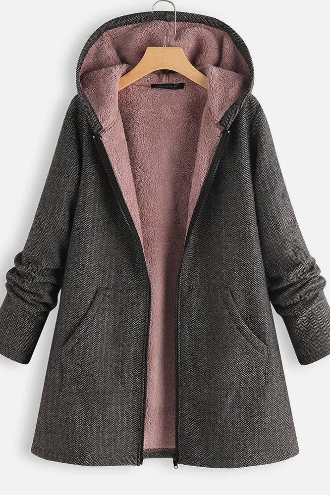 Drune | Damen Kapuzenmantel – Oversized Fit – Fleece gefüttert – Reißverschluss vorne – Mittellang Casual