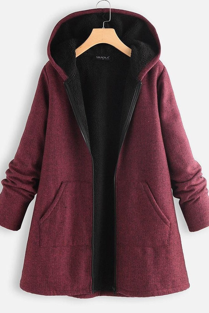 Drune | Damen Kapuzenmantel – Oversized Fit – Fleece gefüttert – Reißverschluss vorne – Mittellang Casual