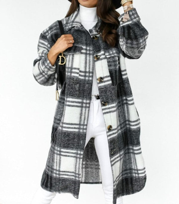 Drune | Damen Karo-Jacke – Wollmischung – Oversized-Passform – Knielänge – Knopfverschluss