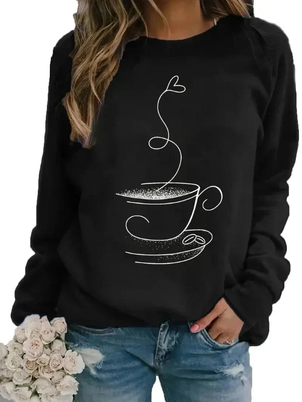 Drune | Sweatshirt - Relaxed Fit - Baumwollmix - Rundhalsausschnitt - Kaffeetassen-Grafikdruck