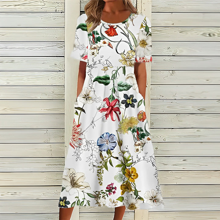Drune | Elegantes Weißes Blumiges Midi-Kleid für Damen