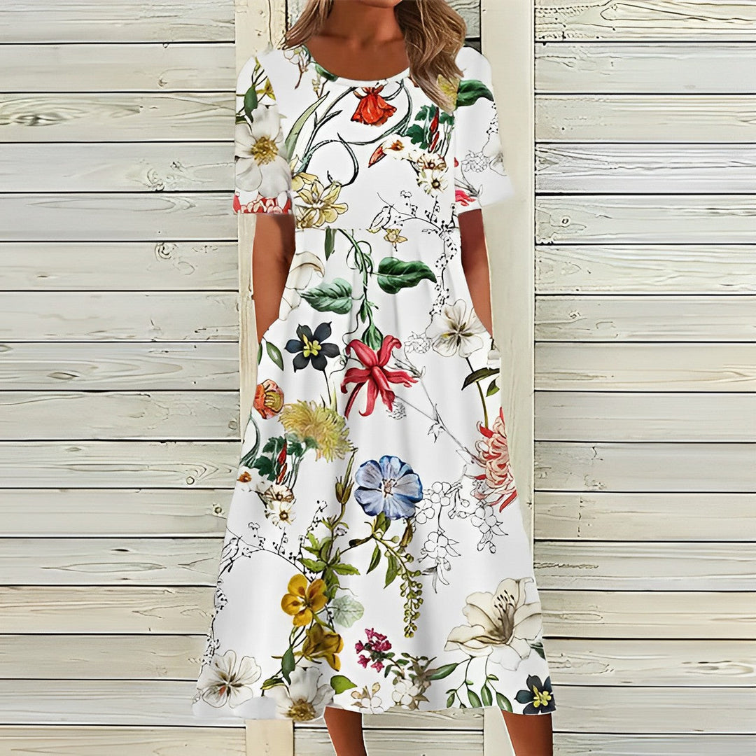 Drune | Elegantes weißes blumiges Midikleid für Damen