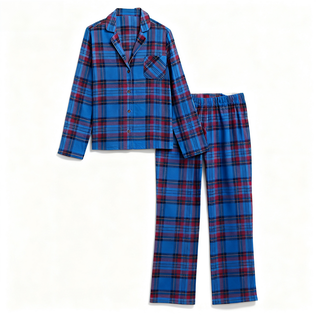 Drune | Urlaub Paar Blaue Karierte Weihnachts Pyjama Set