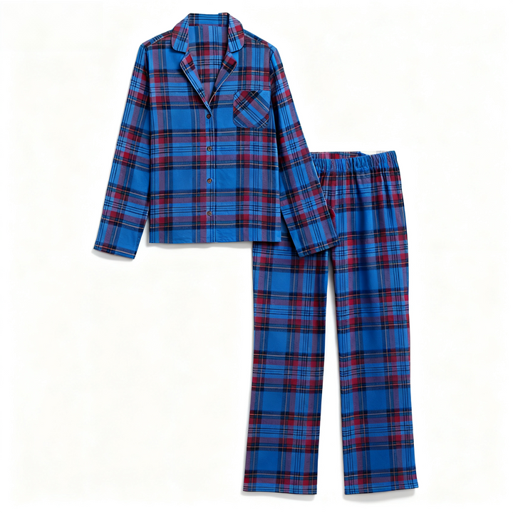 Drune | Urlaub Paar Blaue Karierte Weihnachts Pyjama Set