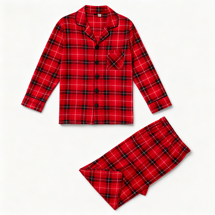 Drune | Weihnachtsfamilien-Matching Rote Karierte Knopf-Oben Langarm Pyjama Sets Mit Hund