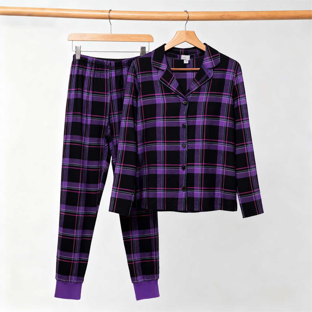 Drune | Weihnachts lila karierte Knopf-Front Pyjamas Paar Pyjamas Sets