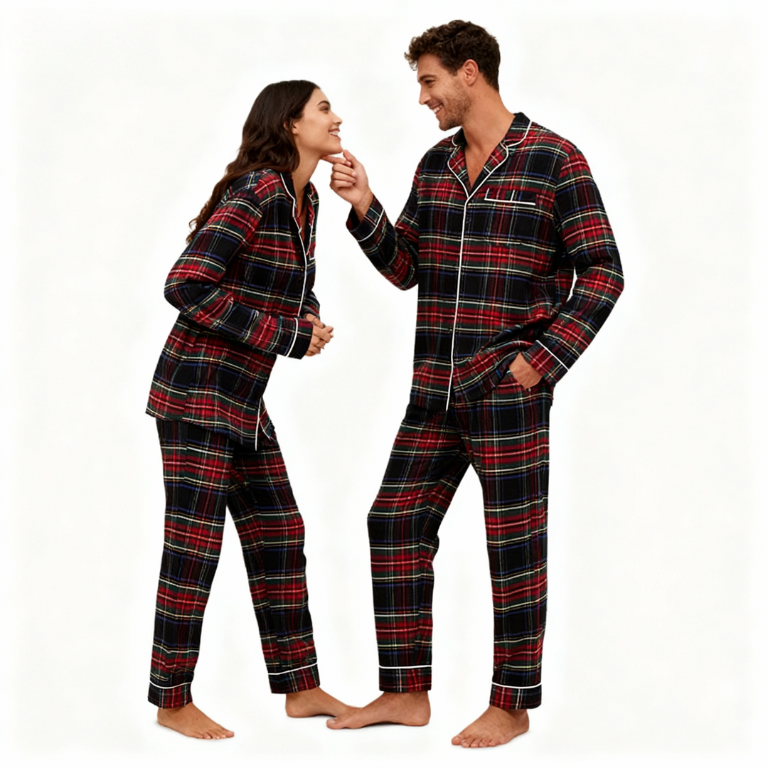 Drune | Weihnachtsrot Plaid Knopf-Front Familien Pyjama Sets