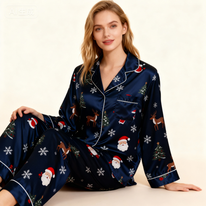 Drune | Urlaub Paar Button-Up Marineblaue Satin Weihnachts-Pyjama Set