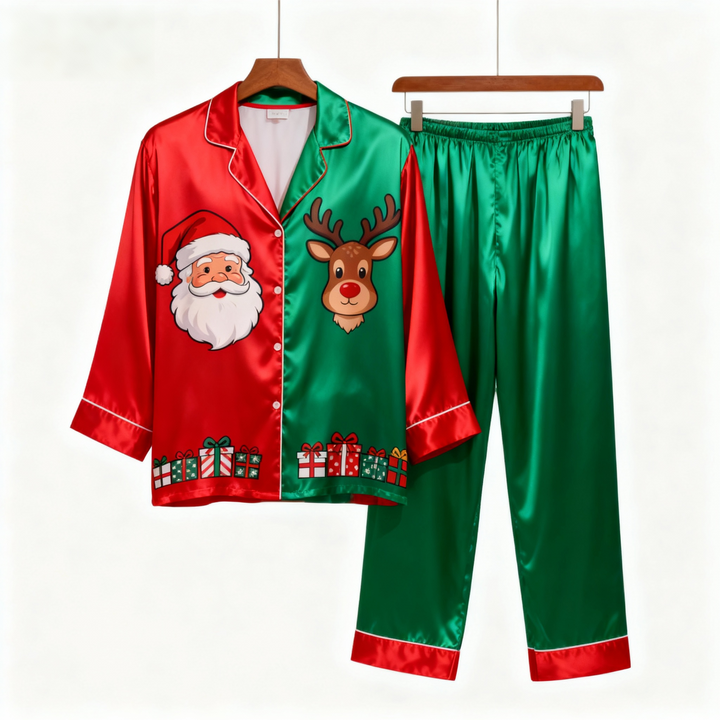 Drune | Ferien Paar Weihnachtsmann Druckknopf Satin Weihnachts-Pyjama Set