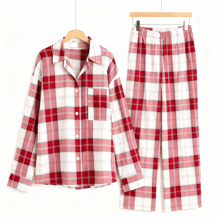 Drune | Passende Paar Schlafanzug Rot Weiß Karierte Weihnachts Pyjama Set