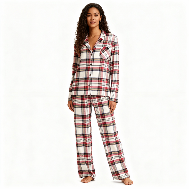 Drune | Urlaub Familie Rot Karierte Knopf-Front Weihnachts-Pyjama Set