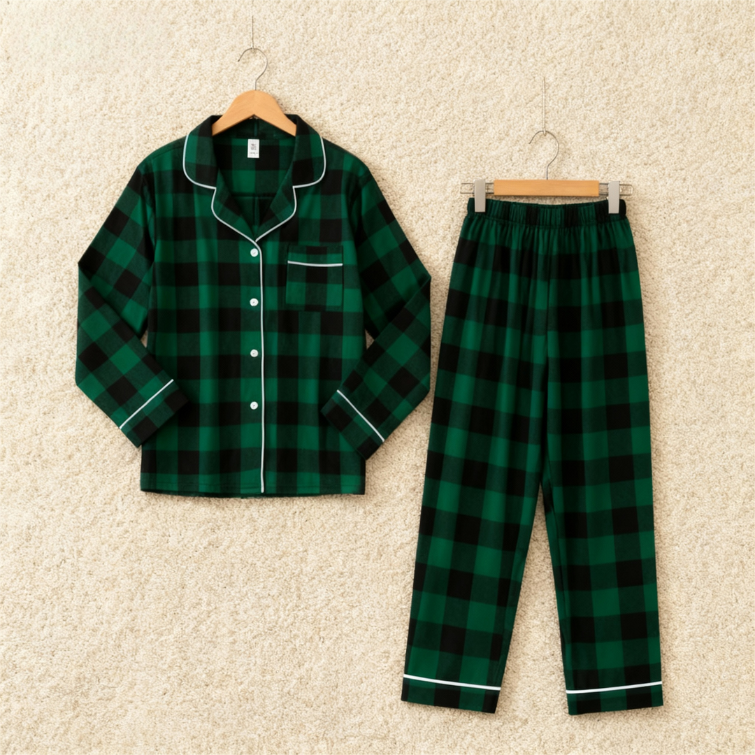 Drune | Weihnachten Familie Passende Grüne Karierte Knopf-Down Lange Ärmel Pyjama Sets