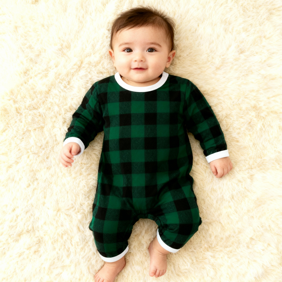 Drune | Weihnachten Familie Passende Grüne Karierte Knopf-Down Lange Ärmel Pyjama Sets