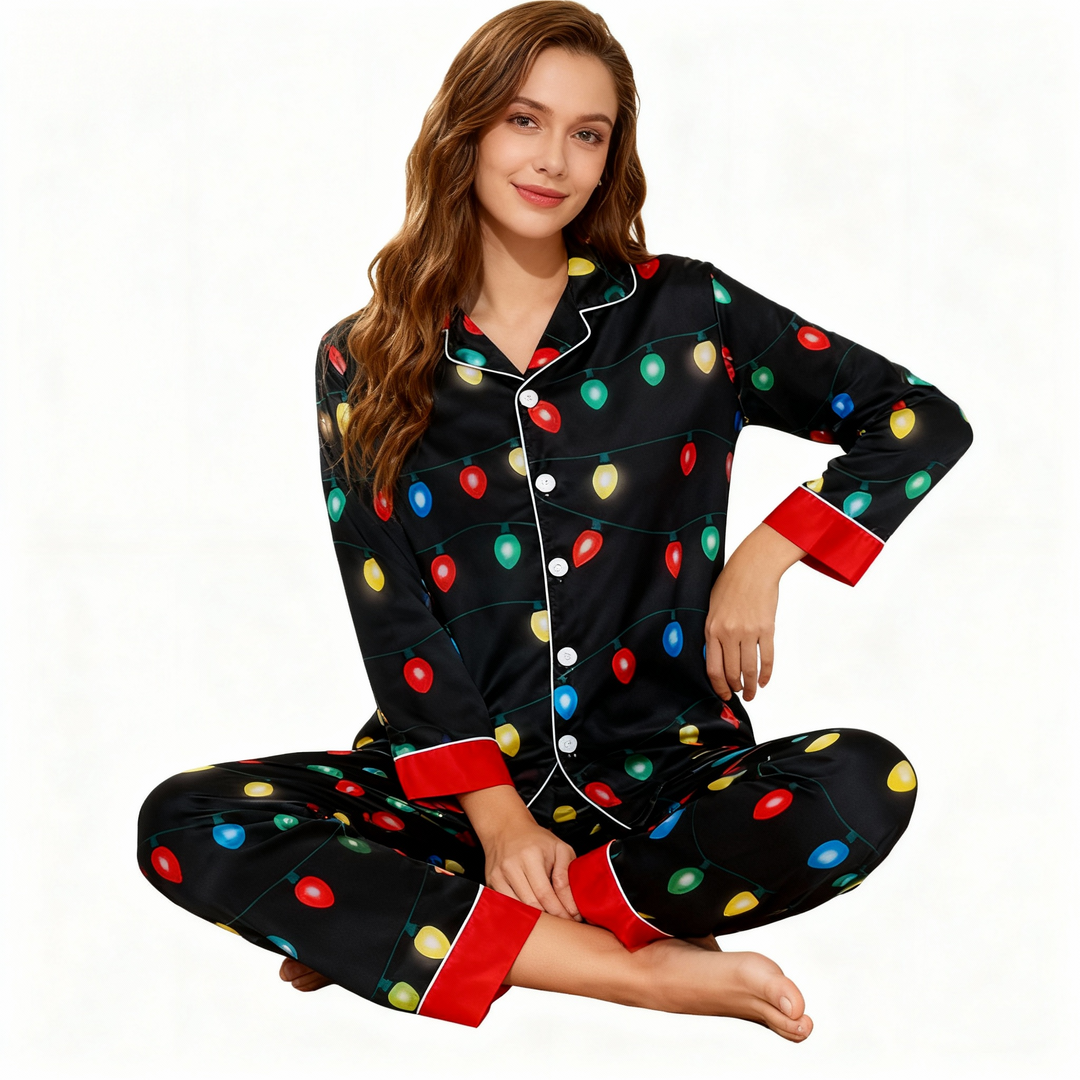 Drune | Urlaub Paar Knopfverschluss Satin Weihnachts-Pyjama-Set