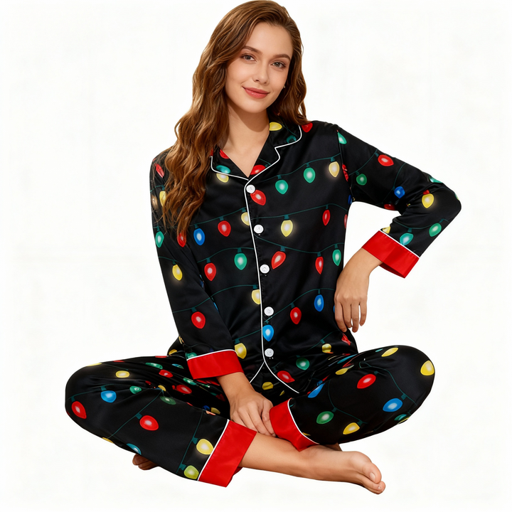 Drune | Urlaub Paar Knopfverschluss Satin Weihnachts-Pyjama-Set