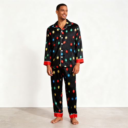 Drune | Urlaub Paar Knopfverschluss Satin Weihnachts-Pyjama-Set