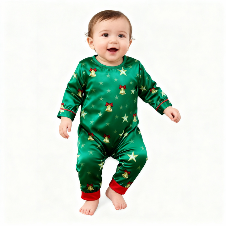 Drune | Feiertagsfamilie Button-Down Grünes Satin Weihnachts-Pyjama-Set
