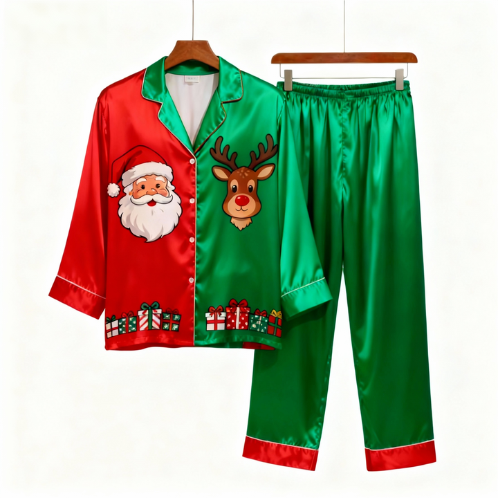 Drune | Feiertagsfamilie Santa Claus Knopf-auf Satin Weihnachtsbaum-Pyjama-Set