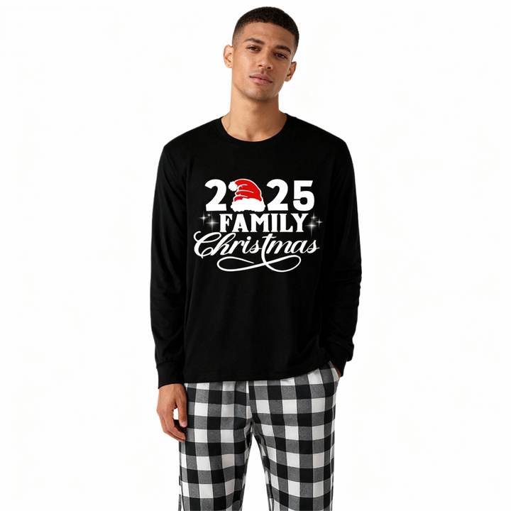 Drune | "2025 Familie Weihnachten" Buchstabenprint Schwarzes Langarmshirt mit Schwarz-Weißen Karohosen Familie Passende Schlafanzüge