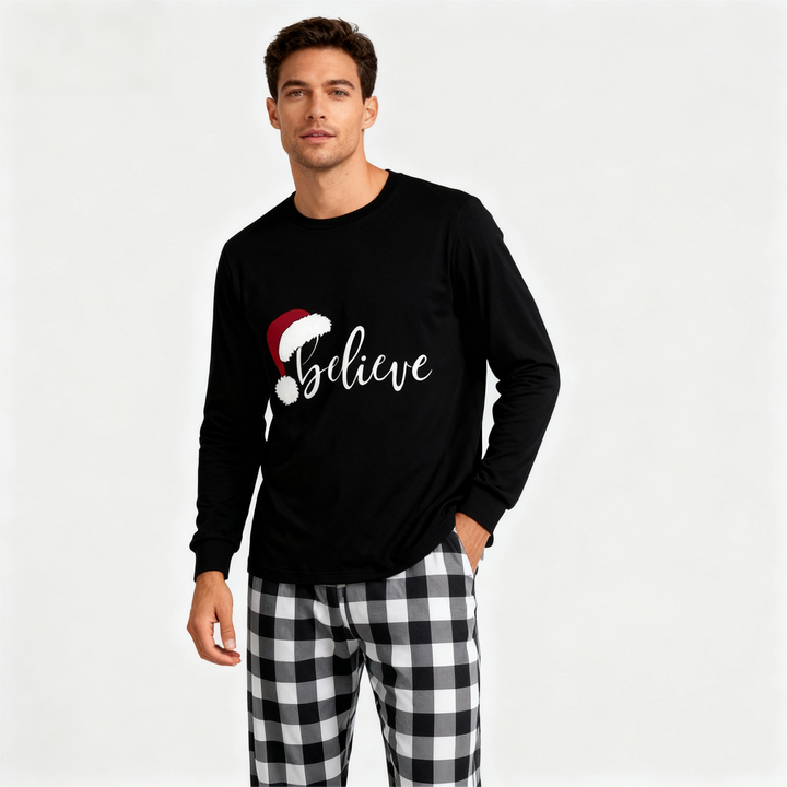 Drune | Weihnachtsmütze und 'Believe' Buchstabenprint gemustertes Schwarz-Weiß kariertes Schlafanzug-Set