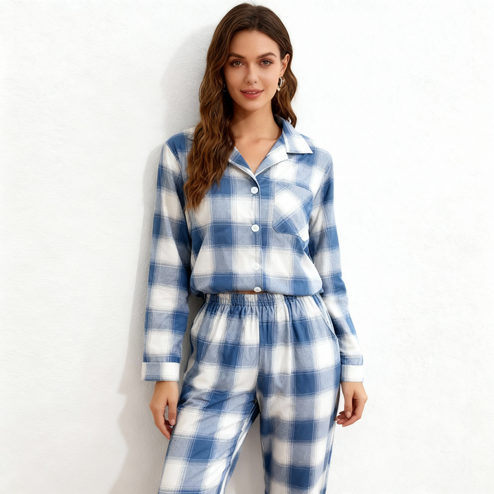 Drune | Familie passende Pyjamas Blau und Weiß Karierter Baumwoll-Set