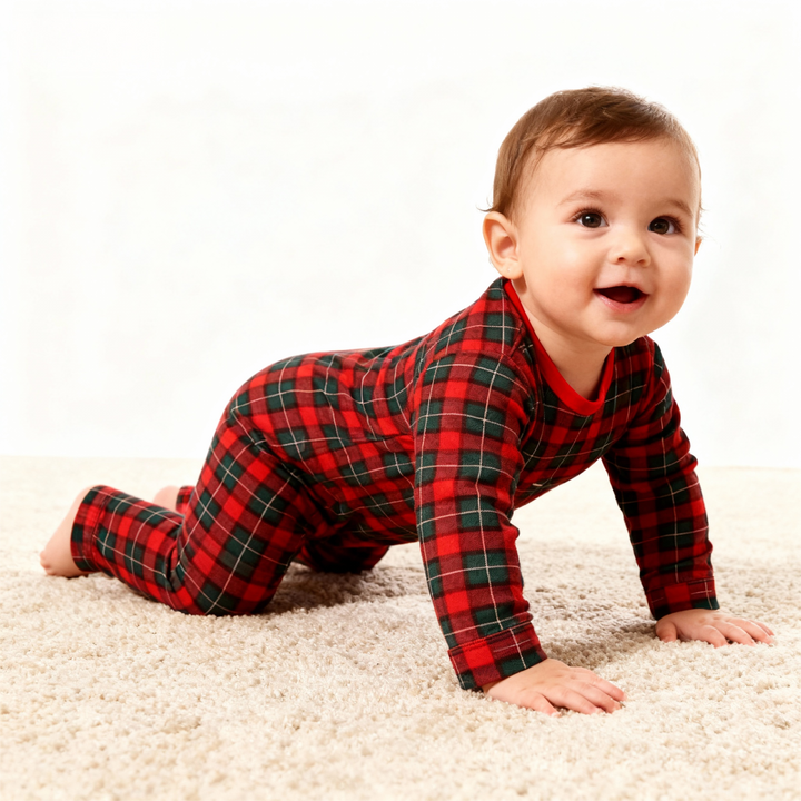 Drune | Weihnachtsrot und Grün Karo Knopfverschluss Familien Pyjama Sets
