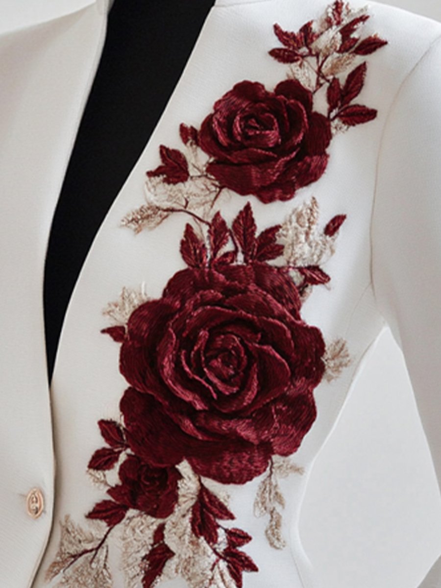Drune | Weißer Blazer Mit Roter Rosenstickerei