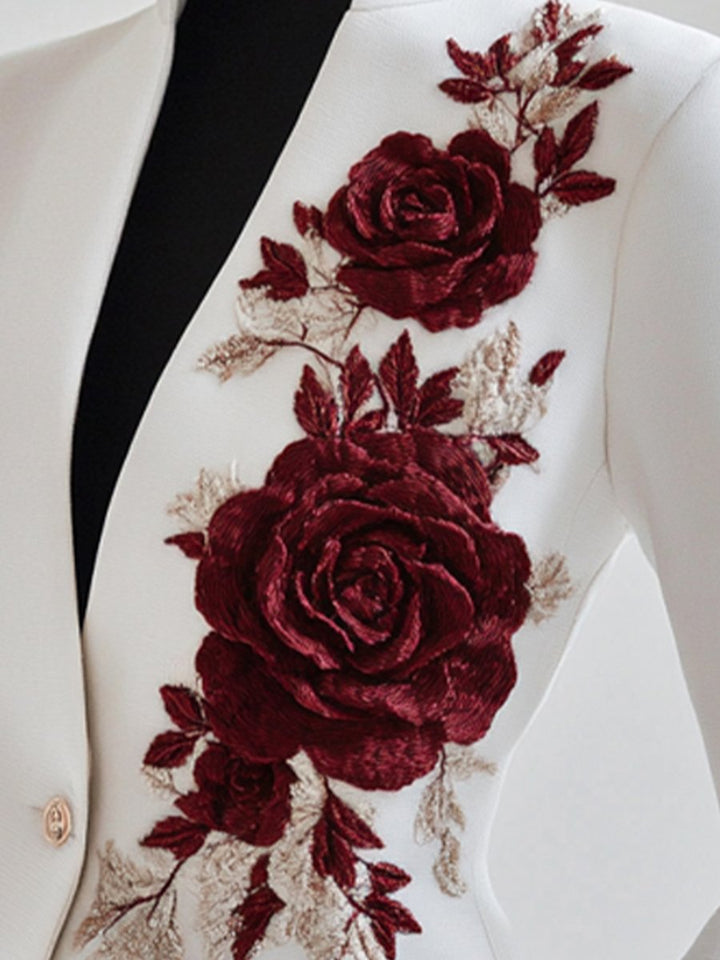 Drune | Weißer Blazer Mit Roter Rosenstickerei