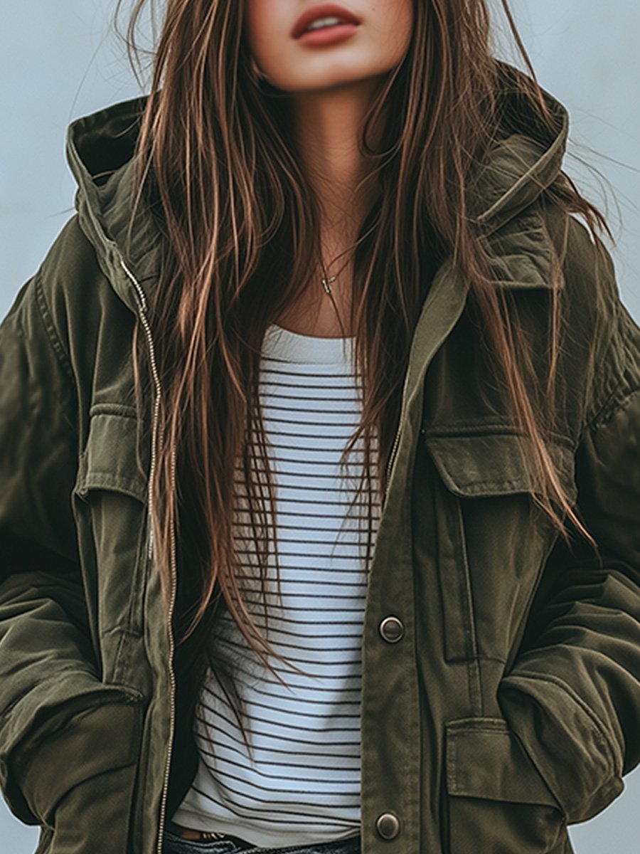 Drune | Vintage Winddichte Arbeitsjacke Mit Kapuze Und Mehreren Taschen