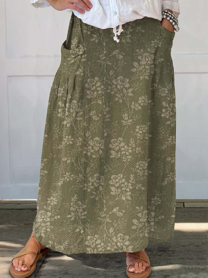 Drune | Vintage Blumen Leinen Elastischer Taillenbund Rock mit Taschen
