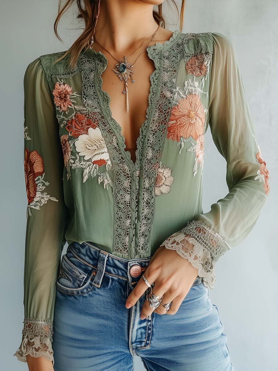 Drune | Boho Bluse Mit Spitze Und Blumenmuster
