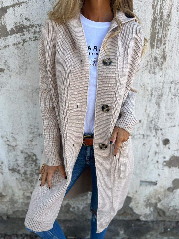 Drune | Strickjacke Lange Offene Front Ribbed Knopfverschluss & Vordertaschen