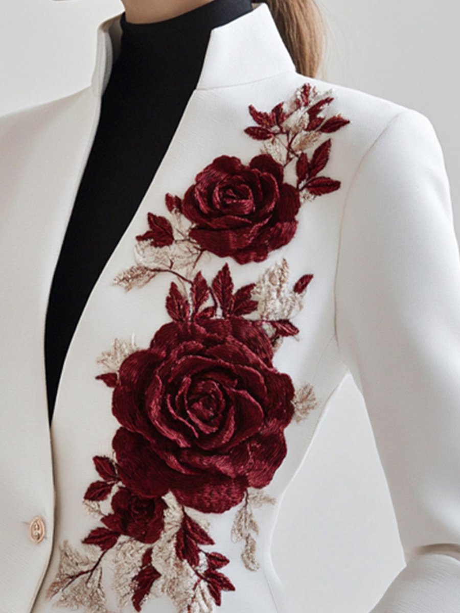 Drune | Weißer Blazer Mit Roter Rosenstickerei
