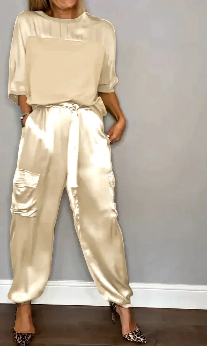 Drune | Zweiteiliges Satinanzug Mit Mittellanger Bluse Und Hose Für Damen