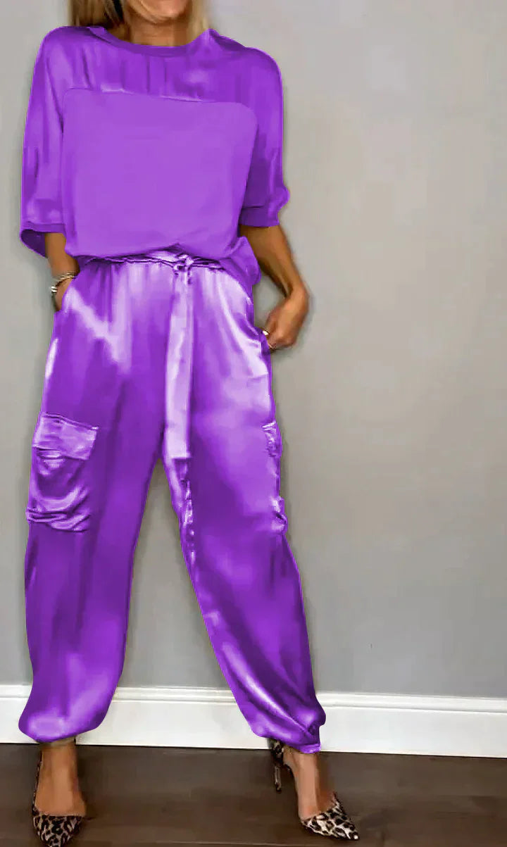 Drune | Zweiteiliges Satinanzug Mit Mittellanger Bluse Und Hose Für Damen