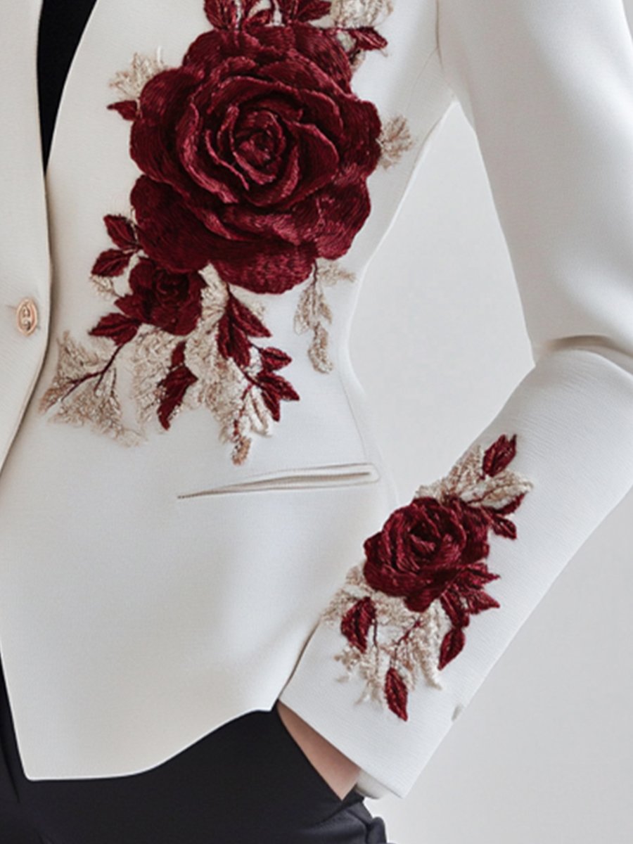 Drune | Weißer Blazer Mit Roter Rosenstickerei