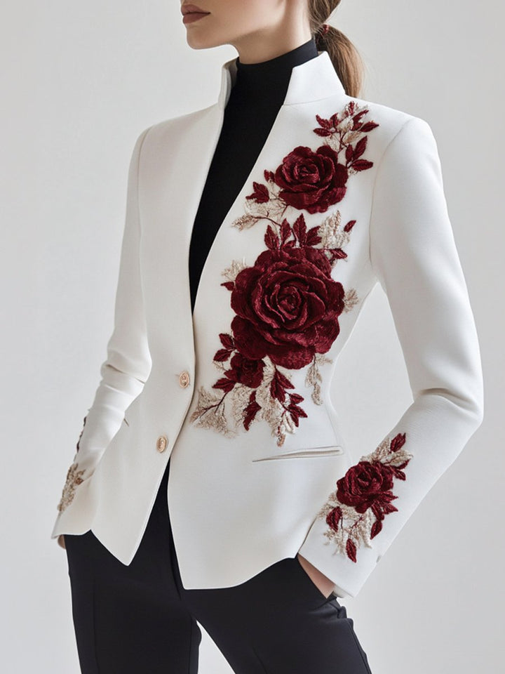 Drune | Weißer Blazer Mit Roter Rosenstickerei