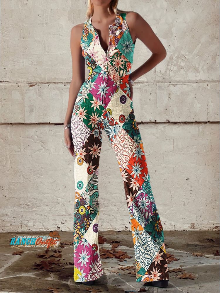 Drune | Floral Gespalten Denim Jumpsuit