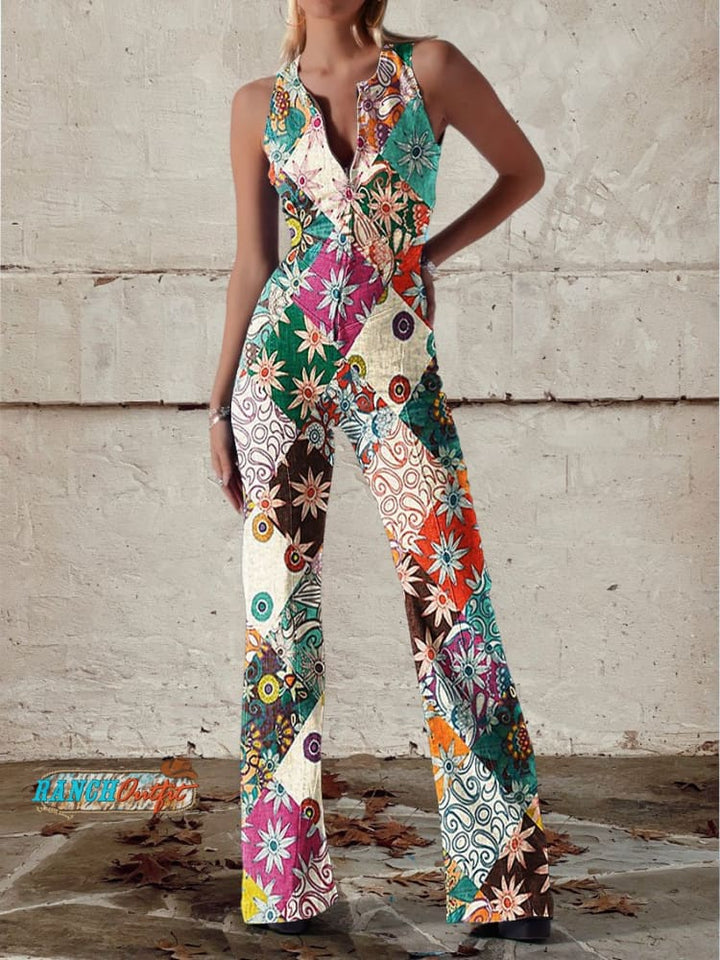 Drune | Floral Gespalten Denim Jumpsuit