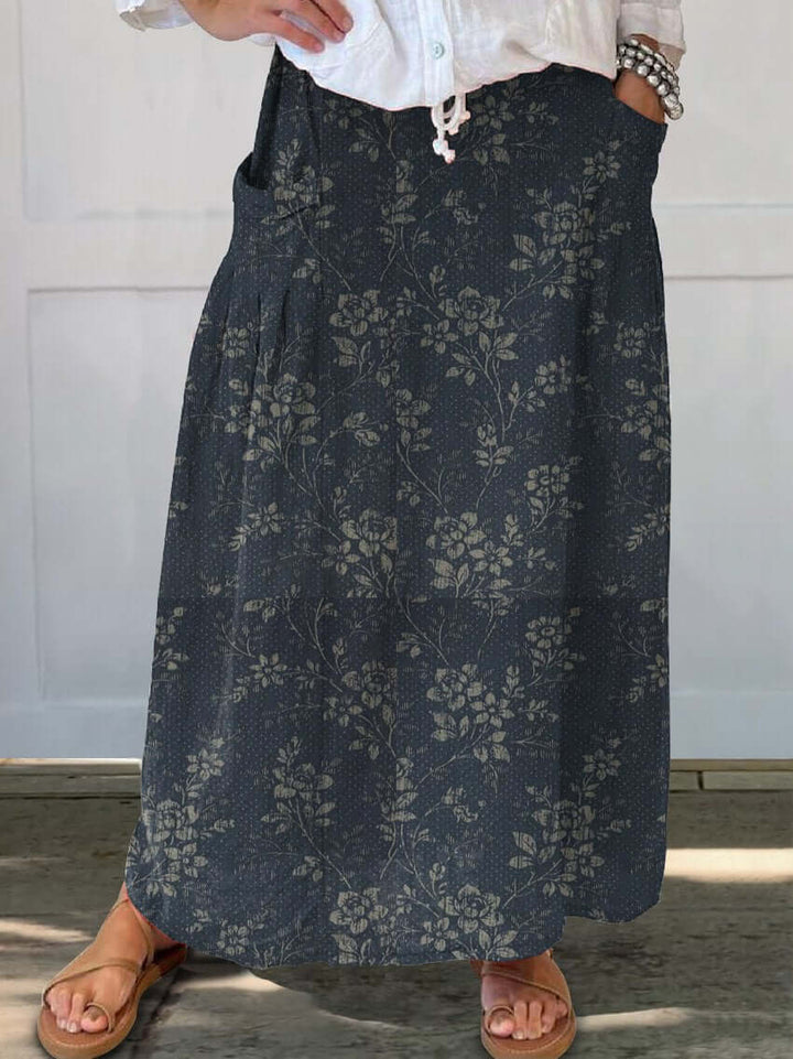Drune | Vintage Blumen Leinen Elastischer Taillenbund Rock mit Taschen