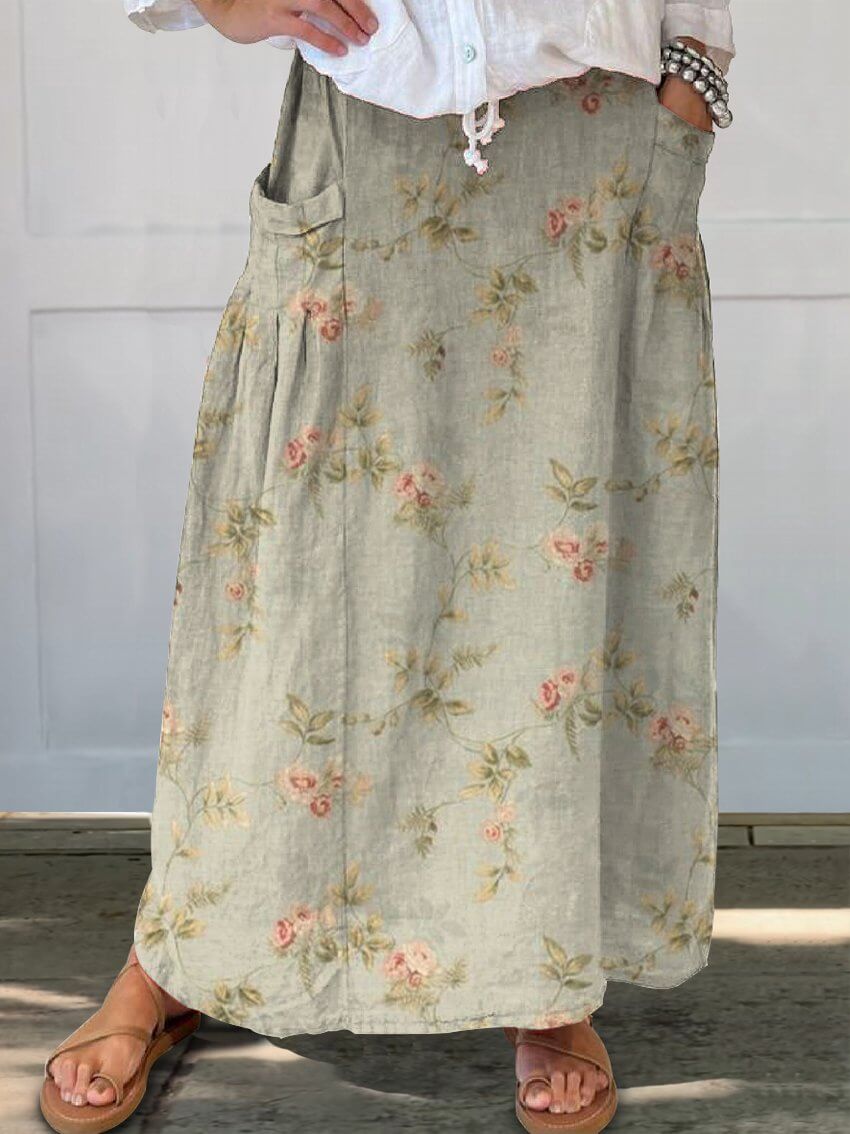 Drune | Grüner Blumenmuster Damen Leinen Elastischer Bund Taschenrock