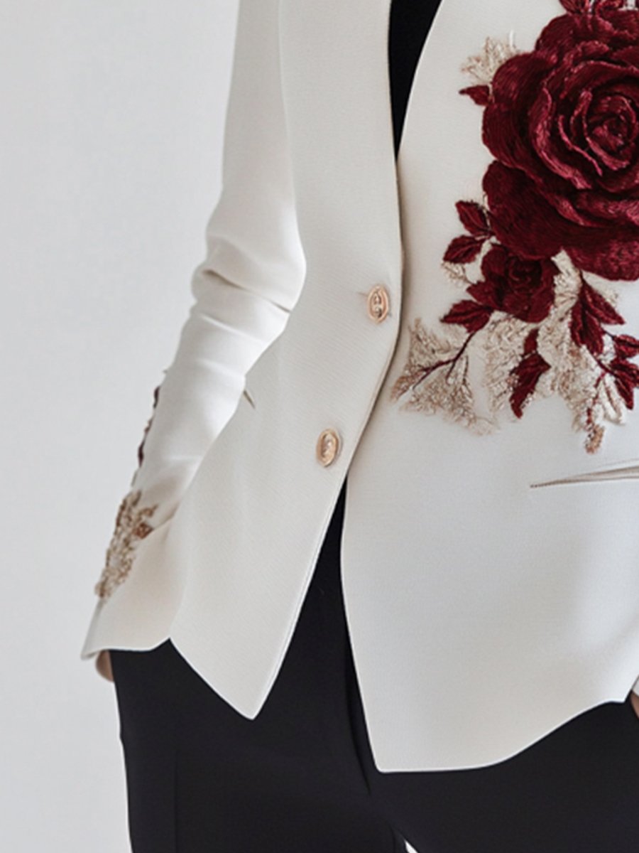 Drune | Weißer Blazer Mit Roter Rosenstickerei