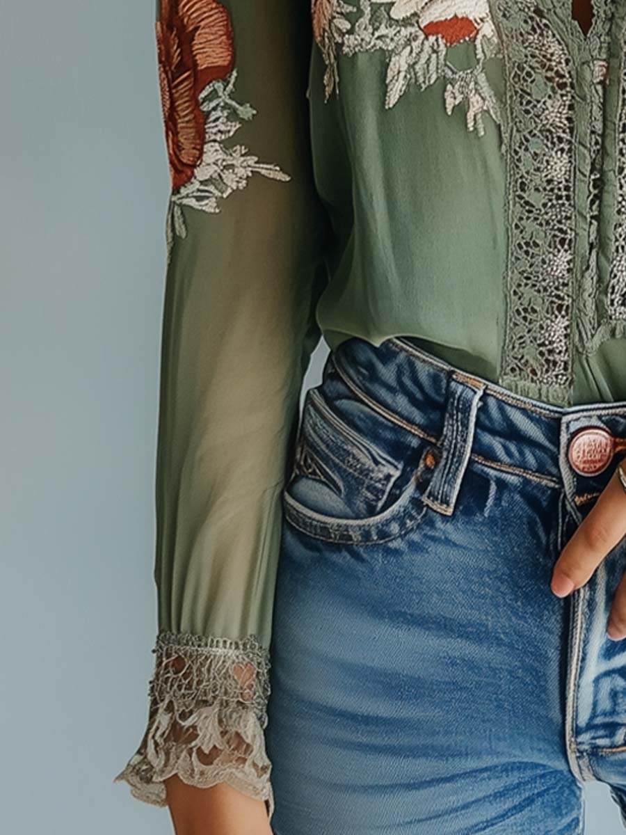 Drune | Boho Bluse Mit Spitze Und Blumenmuster