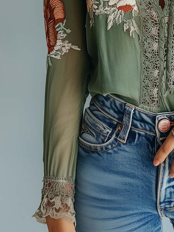 Drune | Boho Bluse Mit Spitze Und Blumenmuster