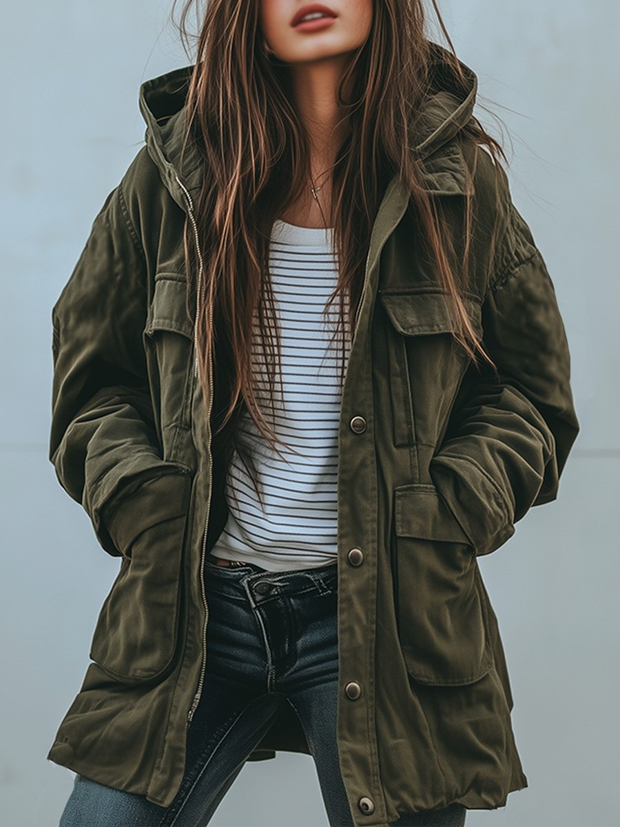Drune | Vintage Winddichte Arbeitsjacke Mit Kapuze Und Mehreren Taschen